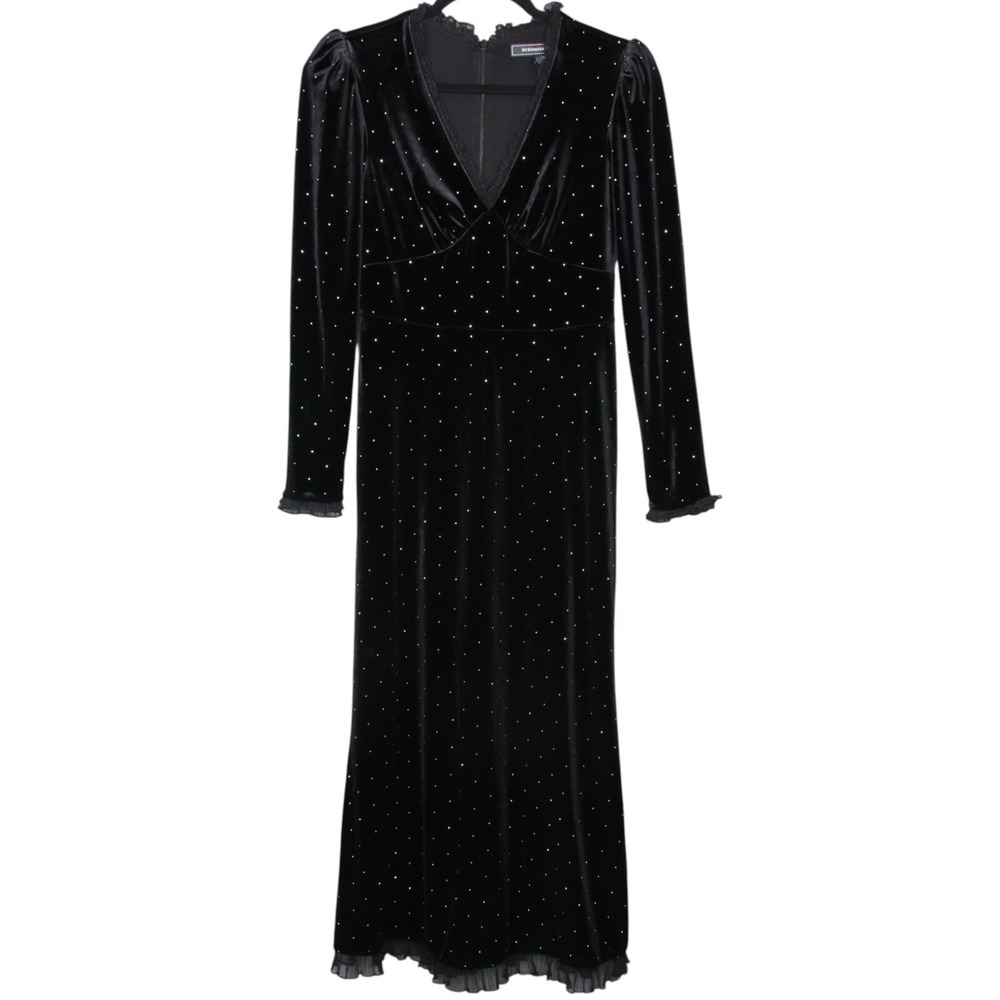 BCBG Maxazria Womens Midi Dress Size 0 Black Velvet Studded Lace Trim Cocktail
